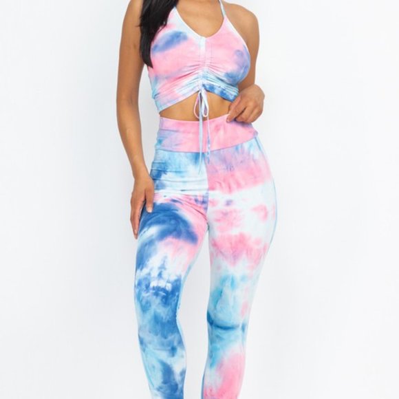 All The Vibes Set/Tie-Dye Ruched Crop Top &Leggings Yoga Set-Active Wear - Picture 1 of 4